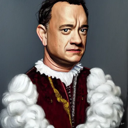 Image similar to a stunning jacobean portrait of tom hanks, oil on canvas