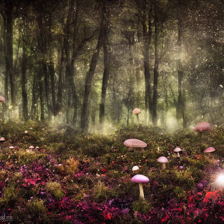 Image similar to a planet of various fungus like trees, mushrooms, flowers and plants, artistic photography, conceptual, long exposure outside the city, volumetric light