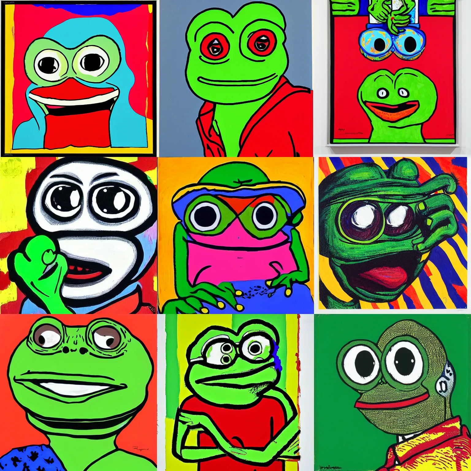 Prompt: pepe the frog,pop art masterpiece painting by Jasper Johns and Matt Furie,