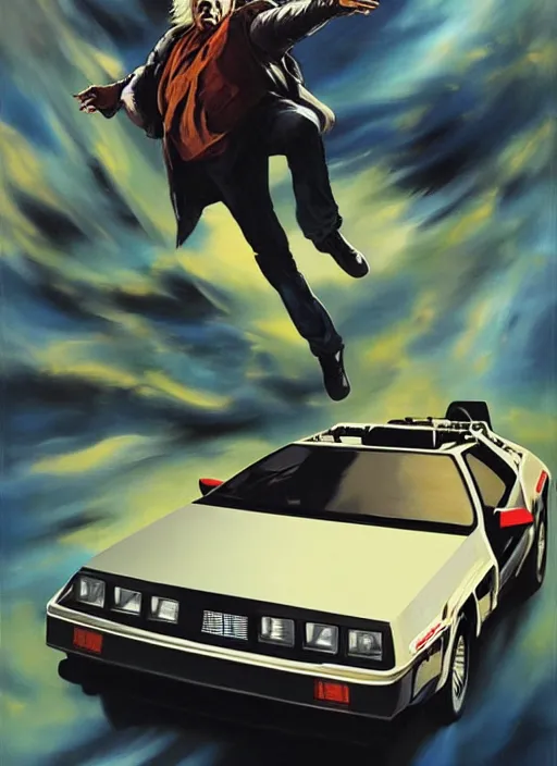 Prompt: doc brown in delorean from back to the future, flying, painting by phil hale, fransico goya,'action lines '!!!, graphic style, visible brushstrokes, motion blur, blurry, visible paint texture, crisp hd image