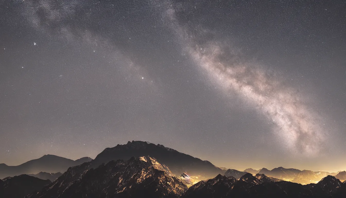 Prompt: night view of mountains and the milky, 8k photography