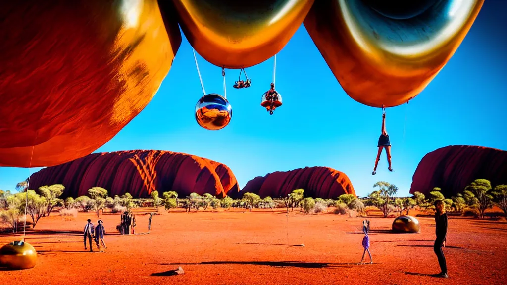 Image similar to large colorful futuristic space age metallic steampunk balloons with pipework and electrical wiring around the outside, and people on rope swings underneath, flying high over the beautiful uluru in central australia city landscape, professional photography, 8 0 mm telephoto lens, realistic, detailed, photorealistic, photojournalism