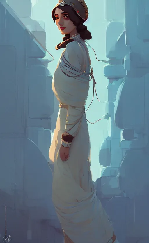 Image similar to female ottoman princess by atey ghailan, by greg rutkowski, by simon stalenhag, by greg tocchini, by james gilleard, by joe fenton, by kaethe butcher dynamic lighting, gradient light blue, brown, blonde cream and white color scheme, grunge aesthetic