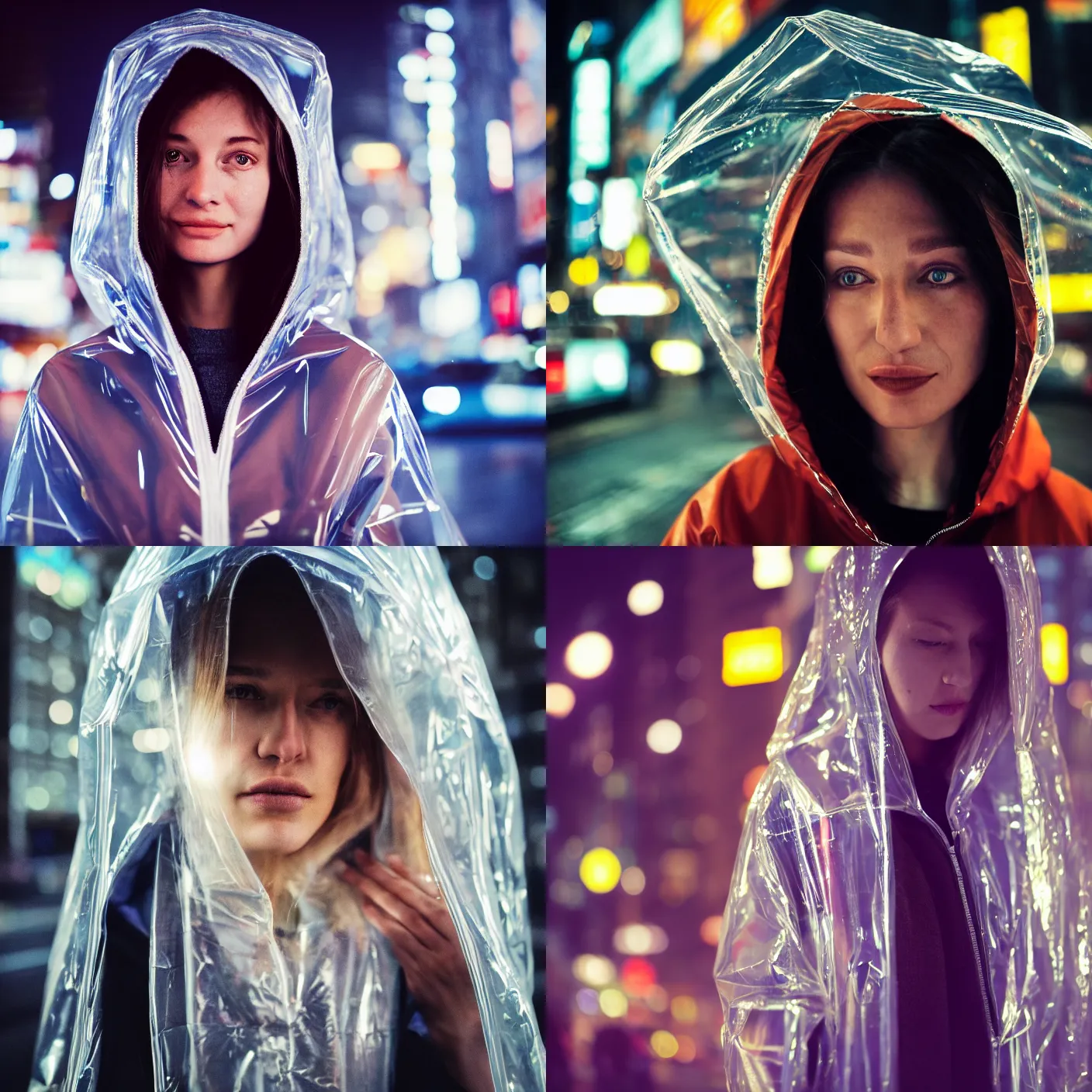 Prompt: A frontal face photography of Caucasian woman wearing a transparent raincoat with hoodie on by Annie Leibovitz. Aesthetic Tokyo Retro. cyberpunk city night photography city. close up. kodak ektar film. Depth of field. whirl bokeh. detailed. hq. realistic. Moody. Filmic. lens flare. Leica M9, f/1.2, symmetrical balance, in-frame