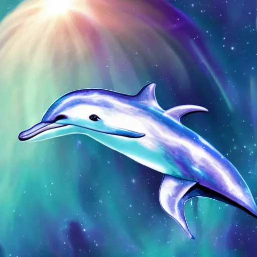 Image similar to Picture of Dolphin flying through space in holographic Detail