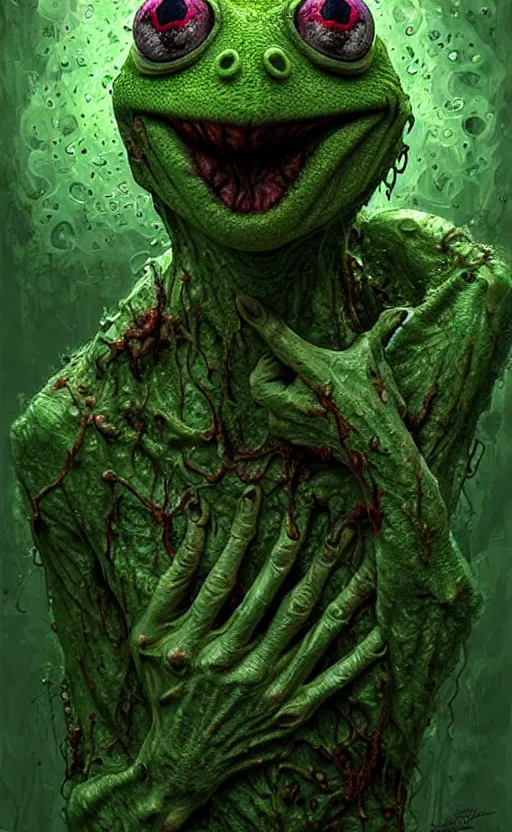 Prompt: delta green, zombie bloated kermit the frog locked in septic tank, present day, creepy, lovecraftian, intricate and very beautiful and highly detailed, elegant, digital painting, artstation, concept art, matte, smooth and sharp focus, illustration, art by tian zi and wlop and alsphonse mucha and artgerm and greg rutkowski