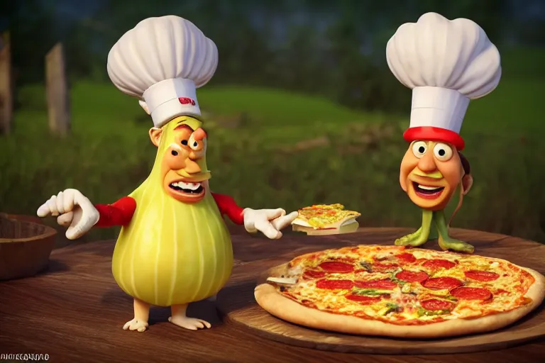 Prompt: cabbage character with pizza peel, royal walruss king wearing a crown, cooking pizza in a wood fired oven, highly detailed 3 d render, funny, surrealism, pixar