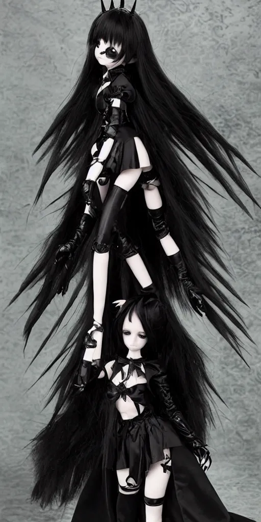 Image similar to Realistic anime doll girl in gothic dark angel suit, full lenght