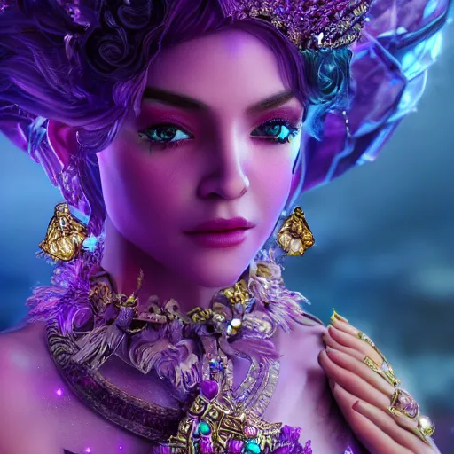 Image similar to portrait princess of amethyst, glowing, ornate and intricate purple jewelry, jaw dropping beauty, glowing background lighting, purple accent lighting, hyper detailed, fairy tale, 4 k octane render