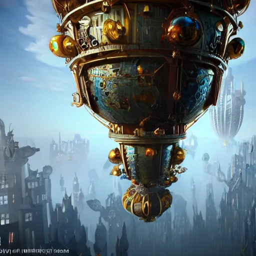 Image similar to enormous flying city in a faberge egg, sky, steampunk, fantasy art, masterpiece, unreal engine, intricate