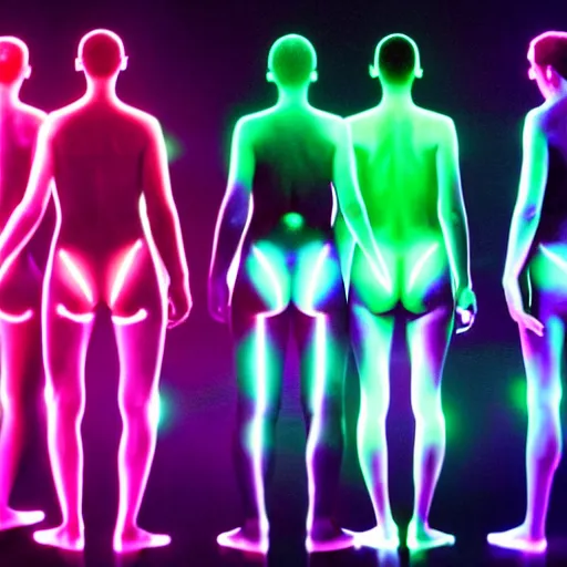 Image similar to diverse groups of humans with glowing electronic body implants projecting amazing images collectively, from behind, rebirth, beauty, wide angle, elaborate, wet, highly detailed, colors, beautiful lighting