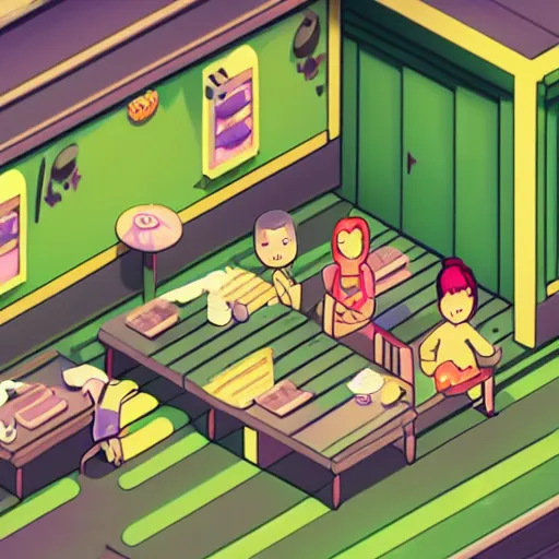 Image similar to cannabis cafe detailed cute characters, isometric fun style rendered, by ren hang, australian style video game still