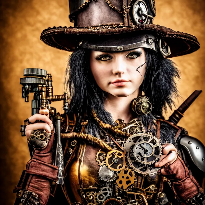 Image similar to photograph of a beautiful steampunk warrior. extremely detailed. dslr. 5 0 mm.