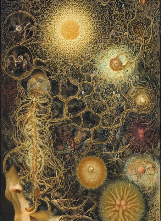 Prompt: abiogenesis, by ernst haeckel and agostino arrivabene and robert hooke and joaquin sorolla