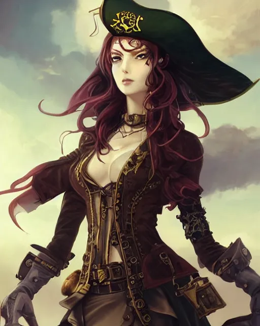 Prompt: a beautiful portrait 2D illustration of a young female steampunk pirate wearing leather armor on gold and red trimmings on green, by Charlie Bowater, tom bagshaw, Artgerm and Lois Van Baarle, beautiful anime face, very cool pose, pirate ship with an epic sky background, slightly smiling, cinematic anime lighting and composition, fantasy painting, very detailed, ornate, trending on artstation and pinterest, deviantart, google images