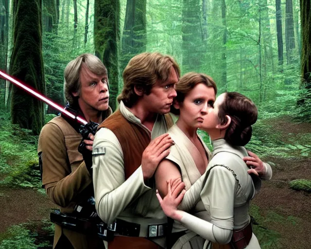 Image similar to luke skywalker, princess leia and han solo hugging and kissing in the forest of endor in a modern remake of return of the jedi