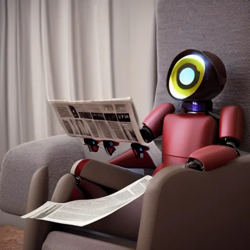 Prompt: futuristic studious matte brown and red and chrome full-body humanoid robot with two huge round expressive sad purple glowing LED eyes and open rectangular mouth sitting on a large comfortable cushioned 1950s vintage recliner reading a newspaper. open newspaper. Cinematic Movie Photograph, Arri Alexa, Extremely Detailed, smooth, very very clean, 8K, octane render, maya render, unreal engine, trending on artstation, DSLR, excellent composition, center frame