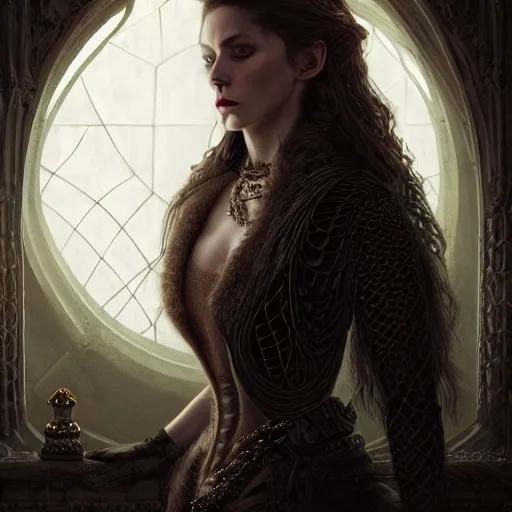 Image similar to Majestic and regal portrait of a riveting female vampire, indoor palatial dwelling, intricate, epic, elegant, menacing, fantasy, highly detailed, digital painting, hard focus, beautiful volumetric lighting, epic light, ultra detailed, by Leesha Hannigan, Ross Tran, Thierry Doizon, Kai Carpenter, Ignacio Fernández Ríos