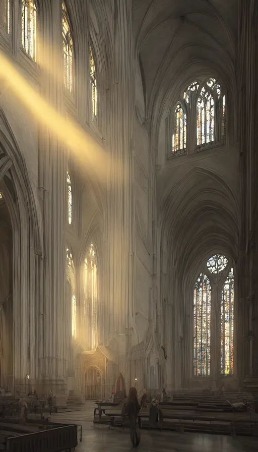 Prompt: a large cathedral with sunlight streaming through the windows, a detailed matte painting by michal karcz, cgsociety contest winner, fantasy art, matte painting, volumetric lighting, flickering light