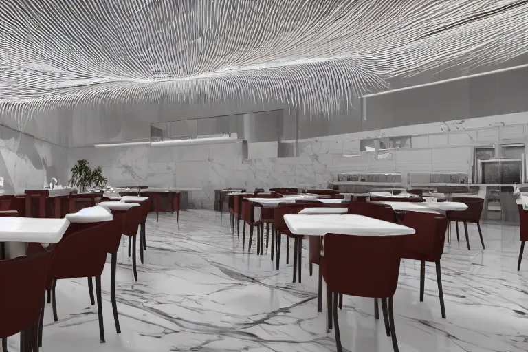 Prompt: 1982 diner interior with very high ceilings, parametric architecture, white, dramatic lighting, marble, luxury, 4k, unreal engine 85mm f/11 interior photography