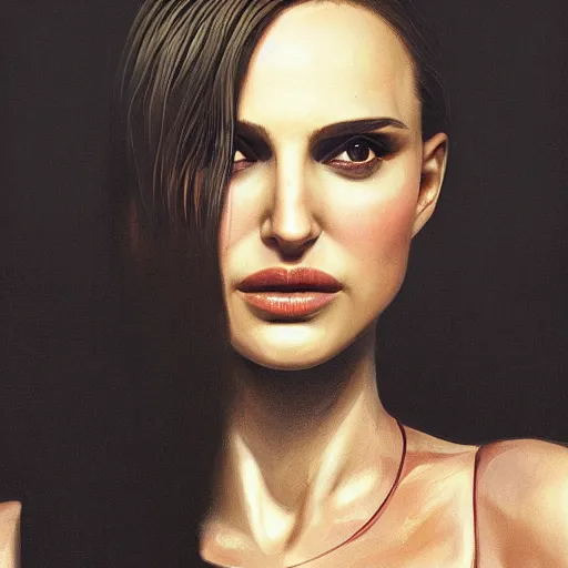 Prompt: closeup portrait of natalie portman from the movie leon the professional, hair in a blunt bob, hitman, city background, dramatic light, gorgeous view, depth, high detail, digital art, painted by greg rutkowski and seb mckinnon, by tim burton, trending on artstation