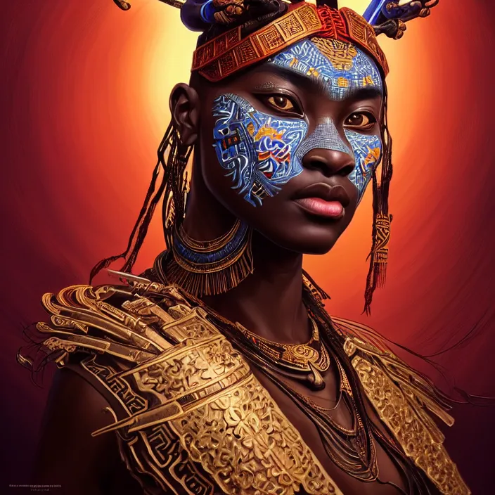Prompt: symmetry! portrait of a hybrid african warrior, face decorated with chinese opera motifs, leds horizon zero dawn machine, intricate, elegant, highly detailed, digital painting, artstation, concept art, smooth, sharp focus, illustration, art by artgerm and greg rutkowski and alphonse mucha, 8 k