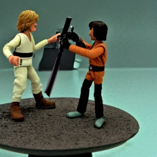 Image similar to claymation scene from star wars of darth vader lightsaber battle against luke skywalker