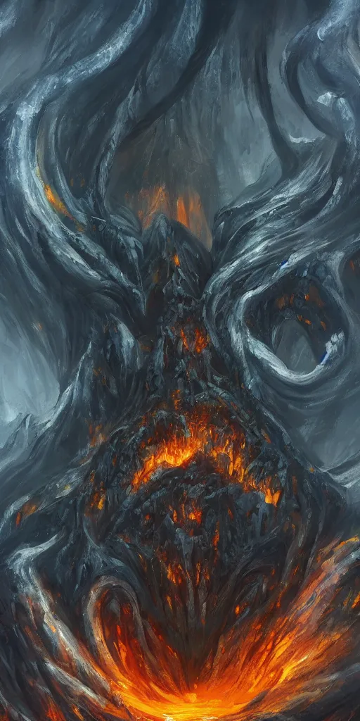 Image similar to an abstract oil painting of Balrog of Moria; swirling sheets of light and fire; hyper-detailed; an extraordinary masterpiece!!!; flawless; trending on artstation