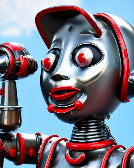 Image similar to highly detailed closeup, face profile portrait of a tin toy retro 1 9 5 0 s robot, bikini, unreal engine, max fleischer, global illumination, detailed and intricate environment