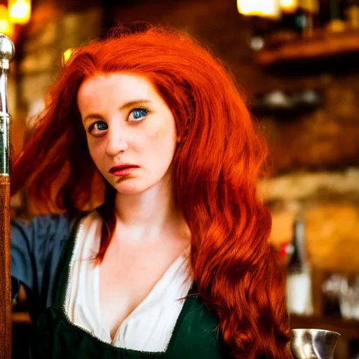 Prompt: beautiful bar maid with auburn hair, in a medieval tavern, dramatic, cinematic, filmic, 7 5 mm, f / 1. 8