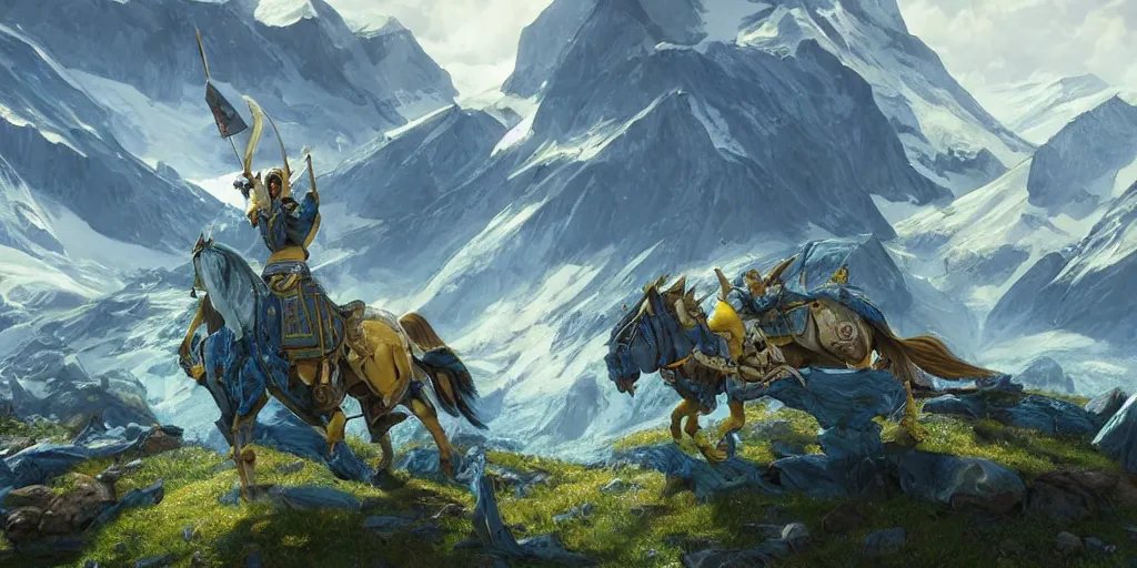 Image similar to wide angle, blue knight with gold sword on top of a green hatchback car, glacier landscape, norway, D&D, fantasy, intricate, elegant, highly detailed, digital painting, artstation, octane render, concept art, matte, sharp focus, illustration, hearthstone, art by Artgerm and Greg Rutkowski and Alphonse Mucha