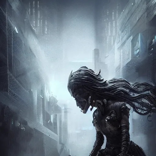 Prompt: futuristic cyberpunk landscape with viking queen, dark, ominous, phoenix, lighting, by bastien lecouffe-deharme