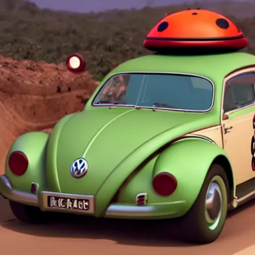 Prompt: promotional movie scene of a ( volkswagen beatle ) and lady bug hybrid. a volkswagen merged into a bug. it is racing down a dusty back - road. cinematic, 4 k, imax, 7 0 mm