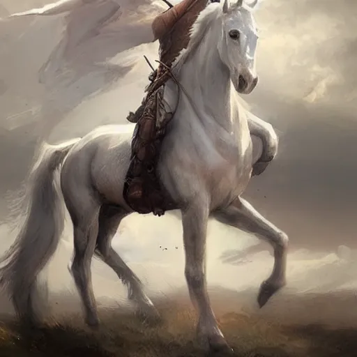 Image similar to a white horse The one who rode him carried arrows and a bow in his hand, and they gave him a crown, digital Art, Greg rutkowski Trending artstation