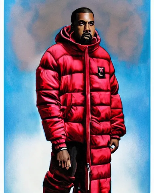 Image similar to kanye west in red puffer jacket, airbrush, drew struzan illustration art, key art, movie poster