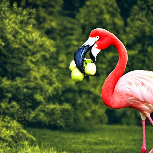 Image similar to A flamingo with big muscular arms eating an apple, photography, realistic