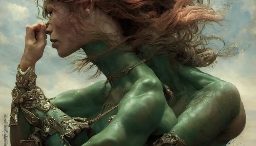 Image similar to epic masterpiece power, drama, sweaty skin, hyperrealistic, octane render, cinematic, beautiful face and flawless skin, perfect hands, 5 fingers, emerald by Edgar Maxence and Ross Tran and Michael Whelan, Legends of Runeterra