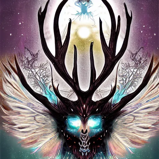 Prompt: terrifying cosmic horror entity with wings, many feathers and majestic antlers, digital art