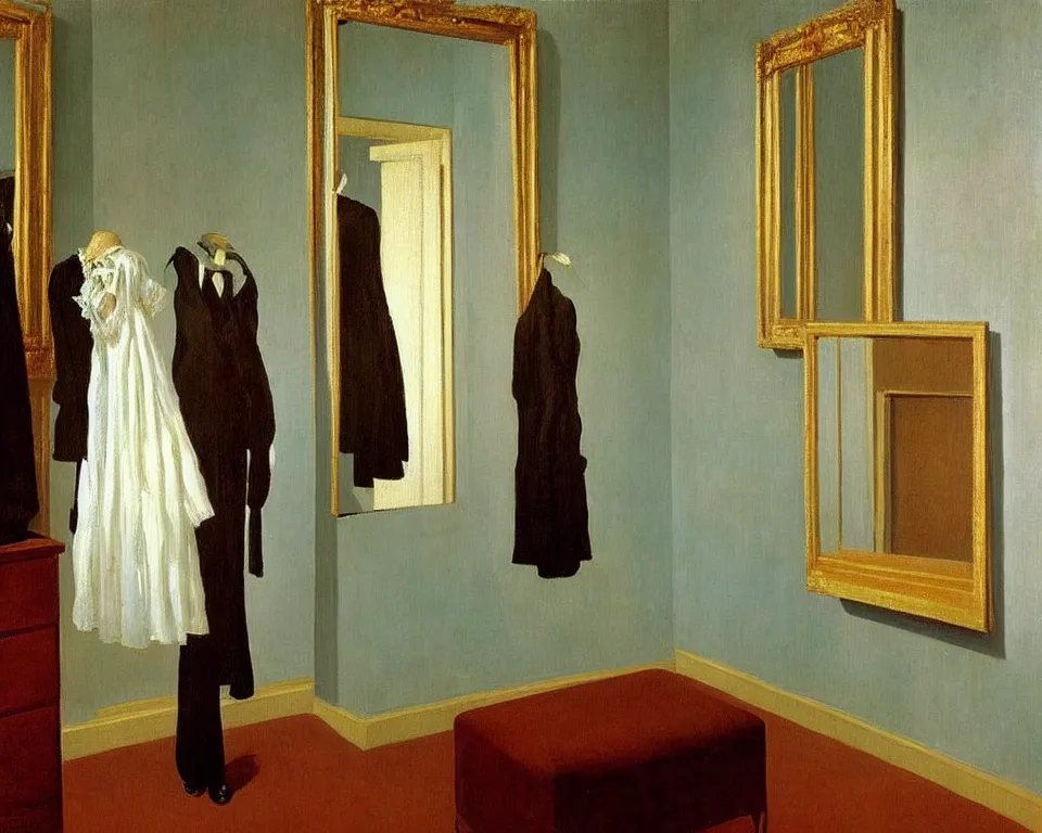 Prompt: achingly beautiful painting of a sophisticated, well - decorated, modern dressing room by rene magritte, monet, and turner.