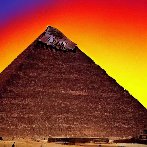 Prompt: rainbow on the great pyramid of gyza reflects on its summit 4k spectacular colors award winning photography