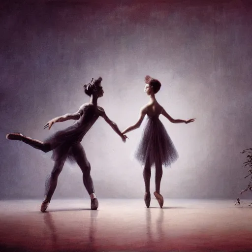 Image similar to two ghosts dance ballet in a victorian era grand ballroom, beksinski, dariusz zawadzki, very coherent symmetrical artwork. cinematic, hyper realism, high detail, octane render, 8 k