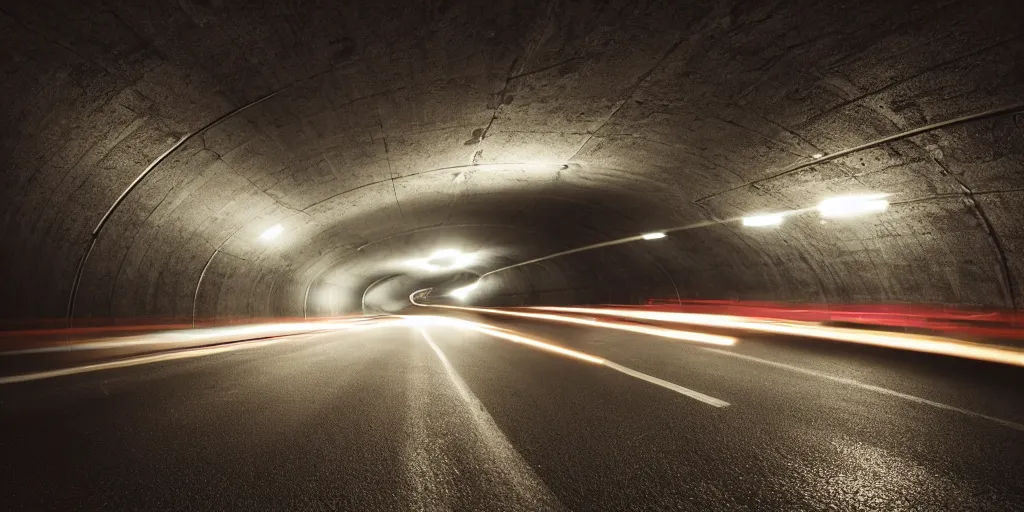 Image similar to a car driving through a tunnel at night, there's a girl standing on the car and two boys are driving the car, strobe light, realistic, 8 k