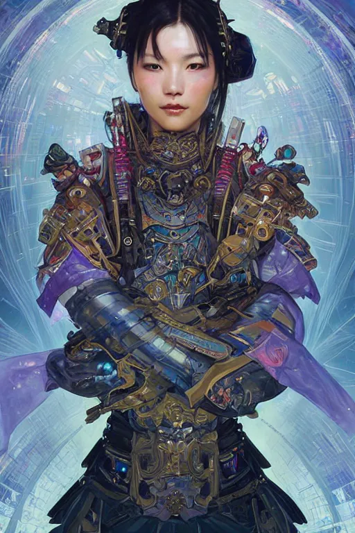 Prompt: portrait of a beautiful cyberpunk samurai woman wearing a warrior armor, symmetrical face, fantasy, regal, fractal crystal, fractal gems, by stanley artgerm lau, greg rutkowski, thomas kindkade, alphonse mucha, loish, norman rockwell.