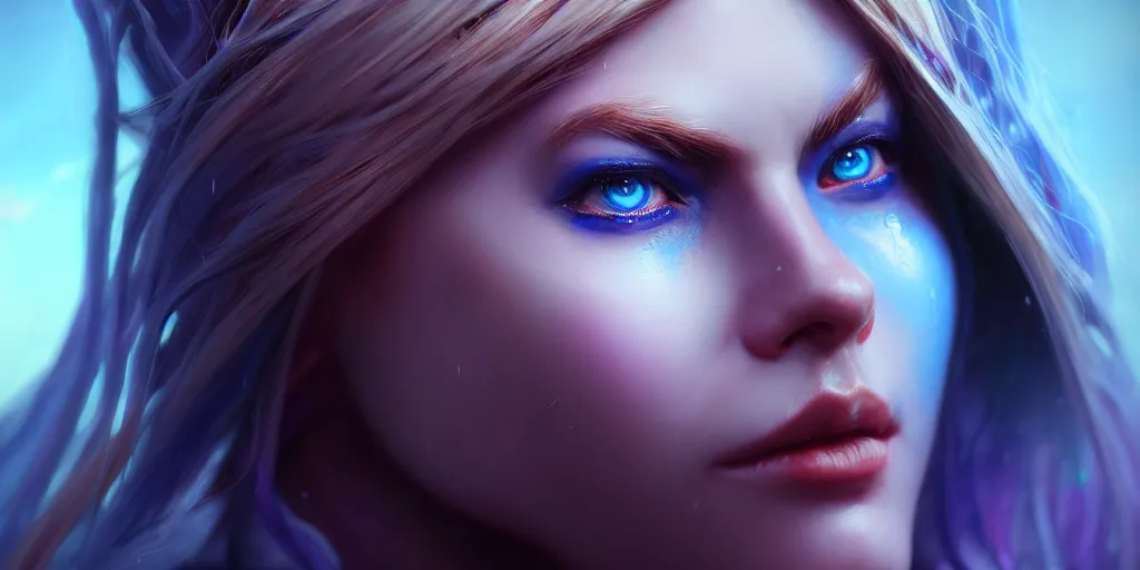 Image similar to ( ( ( ( ( hyperrealist distant portrait of sylvanas windrunner on a blue planet where it rains colors. ) ) ) ) ) by bayard wu, fantasy, photorealistic, octane render, unreal engine, dynamic lighting, trending on artstation, poster, volumetric lighting, very detailed faces, 4 k, award winning