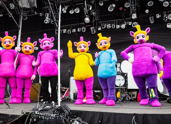 Image similar to photo still the teletubbies on stage at the vans warped tour!!!!!!!! at age 3 6 years old 3 6 years of age!!!!!!!! playing weird instruments, 8 k, 8 5 mm f 1. 8, studio lighting, rim light, right side key light