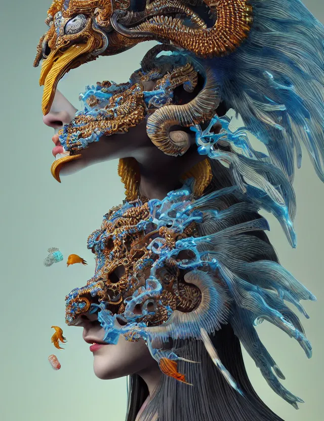 Image similar to 3 d goddess close - up 3 / 4 portrait with ram skull. beautiful intricately detailed japanese crow kitsune mask and clasical japanese kimono. betta fish, jellyfish phoenix, bio luminescent, plasma, ice, water, wind, creature, artwork by tooth wu and wlop and beeple and greg rutkowski