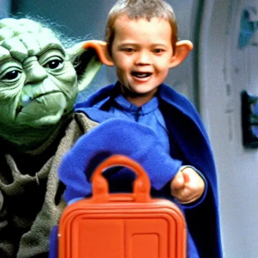 Image similar to A still of Yoda’s first day at school. Holding a Star Wars lunch pail .