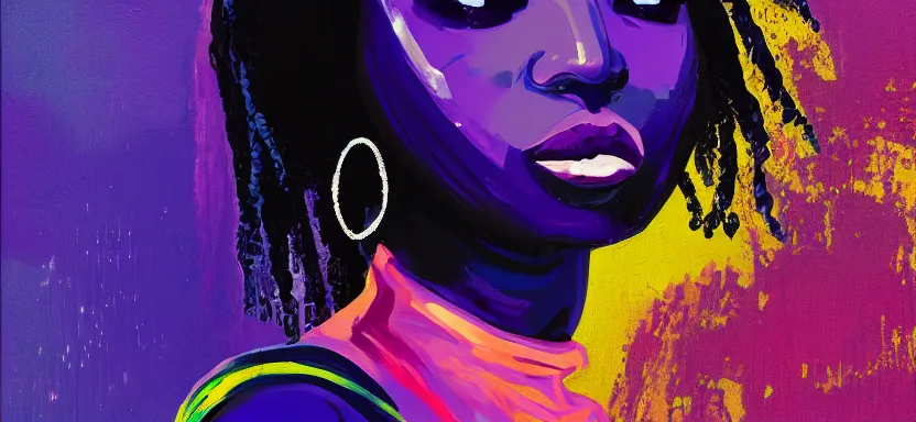 Image similar to portrait of a beautiful black woman, cyberpunk rio de janeiro background, brushstrokes, purple and blue, painterly, at night, corcovado dois irmaos at the background