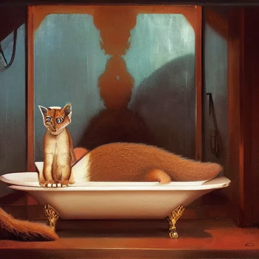 Prompt: cute caracal in bathtub, extremely detailed masterpiece, oil on canvas, low-key neon lighting, artstation, Blade Runner 2049, Roger Deakin’s cinematography, by J. C. Leyendecker and Peter Paul Rubens and Edward Hopper and Michael Sowa