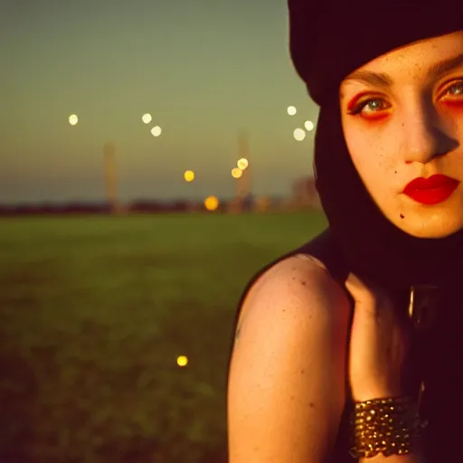 Image similar to beautiful young woman with gutterpunk pen ink face tattoos at golden hour, stars in background, cinematic diane arbus, leica s, fuji 8 0 0, grainy, low light